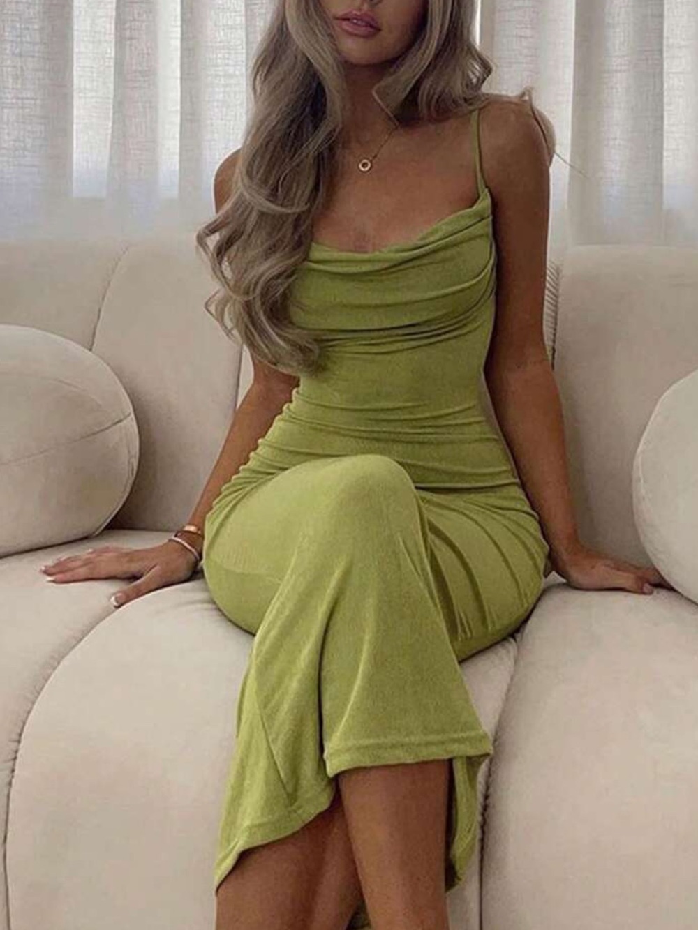 Sleek Olive Green Cowl Neck Slip Dress